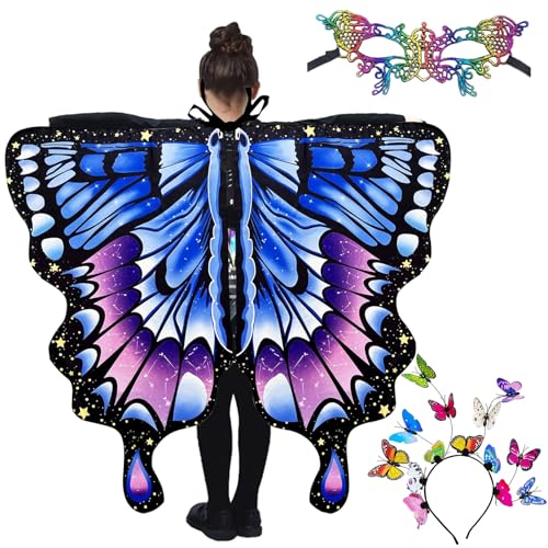 TTYSHIP® Schmetterling Kostüm kinder, 135 x 115cm Kostüm Schmetterling Kinder mit Schmetterling Haarreif und Bunte Maske für Karneval, Cosplay, Maskenbälle von TTYSHIP