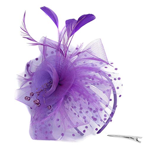 TUDUZ Fascinator Blume Mesh Bänder Federn Hochzeit Party Kopfbedeckung Hut für Mädchen und Frauen Kostüm Karneval Fasching (T-Lila) von TUDUZ