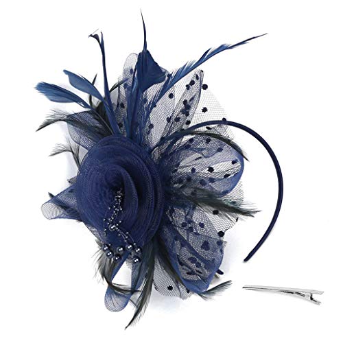 TUDUZ Fascinator Blume Mesh Bänder Federn Hochzeit Party Kopfbedeckung Hut für Mädchen und Frauen Kostüm Karneval Fasching (T-Marineblau) von TUDUZ