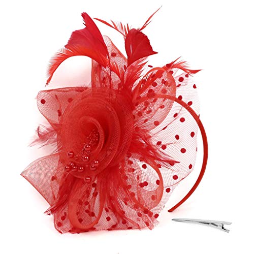 TUDUZ Fascinator Blume Mesh Bänder Federn Hochzeit Party Kopfbedeckung Hut für Mädchen und Frauen Kostüm Karneval Fasching (T-Rot) von TUDUZ