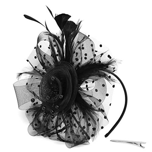 TUDUZ Fascinator Blume Mesh Bänder Federn Hochzeit Party Kopfbedeckung Hut für Mädchen und Frauen Kostüm Karneval Fasching (T-Schwarz) von TUDUZ