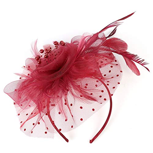 TUDUZ Fascinator Blume Mesh Bänder Federn Hochzeit Party Kopfbedeckung Hut für Mädchen und Frauen Kostüm Karneval Fasching (T-Weinrot) von TUDUZ