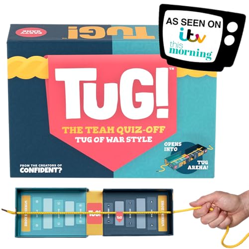 TUG! Das Team-Trivia-Spiel mit einem Mini-Tauziehen in der Box, perfekt für 2–20 Spieler für Paare, Jugendliche, Erwachsene und Familienspielabend, ab 11 Jahren von TUG!
