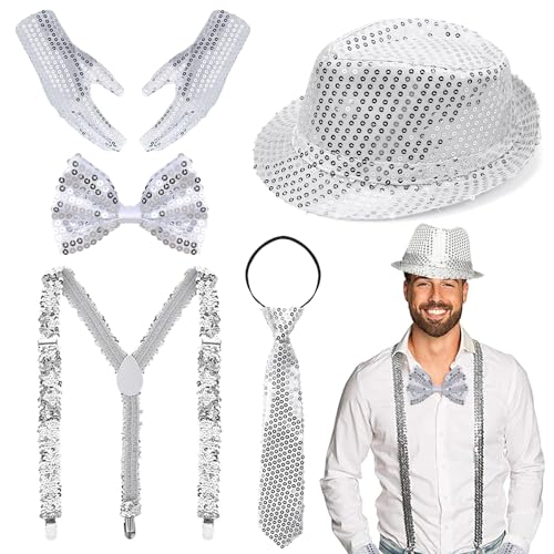 TUIBEIDAMAI Glitzer Outfit Herren,Glitzer Kostüm Accessoires Herre,mit Pailletten Hosenträger, Fliege, krawatte,Handschuhe,Pailletten Kostüm Silber für Fasching Party Dance Performance von TUIBEIDAMAI
