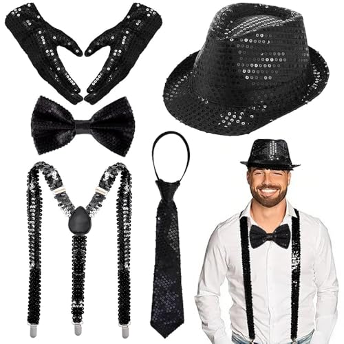 TUIBEIDAMAI Glitzer Outfit Herren,Glitzer Kostüm Accessoires Herre,mit Pailletten Hosenträger, Fliege, krawatte,Handschuhe,Pailletten Kostüm für Fasching Party Dance Performance (Schwarz) von TUIBEIDAMAI