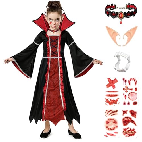 TUIBEIDAMAI Vampir Kostüm Kinder Mädchen, Halloween Kostüm Kinder Dracula, Vampir Outfit Kleid mit Halsband und Elfenohren, für Halloween Fasching Karneval Dracula Party, Cosplay von TUIBEIDAMAI
