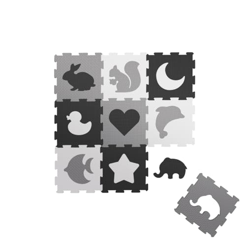 TULANO Gioco 40 | 9 Tiere Puzzle Puzzlematte Spielmatte Kinderteppich Krabbeldecke Schaumstoffmatte | Bodenschutzmatte mit Welliger Rand | Schadstofffrei Wasserdicht Rutschfest | Schwarz Hellgrau Weiß von TULANO