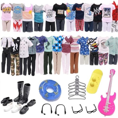 21PCS Kleidung für Jungen Puppen - 5 Sets Mode Freizeitoutfits, 4 Paar Schuhe, Schwimmrad, Gitarre, Surfbrett, 2 Brillen, 2 Kopfhörer - Für 30cm Ken Puppen von TULEBOLIAN