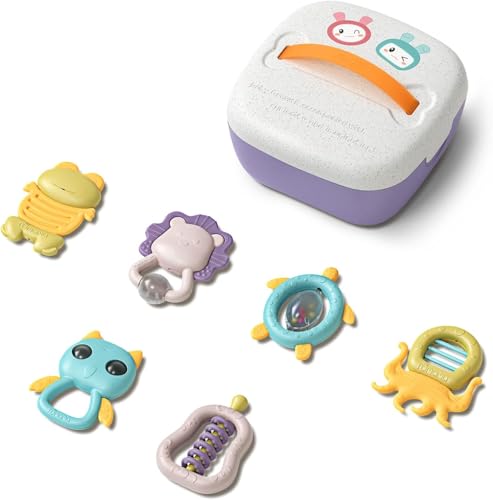 TUMAMA Baby-Rasselspielzeug mit Aufbewahrungsbox, 6 Stück, Säuglings-Shaker, Beißring, Greifen und Spin Rasseln, frühkindliche Bildung, Neugeborene, für 3, 6, 9, 12 Monate. von TUMAMA KIDS