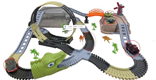 TUMAMA Dinosaurier Autorennbahn Spielzeug Set, 255 Stück Dino Kinderspielzeug Ab 3 4 5 6 Jahre Kinder, Autobahn Zug Mit 2 Autos, Elektrische 360 Looping Rennbahn, Cars Rennstrecke Eisenbahn Baustelle von TUMAMA KIDS
