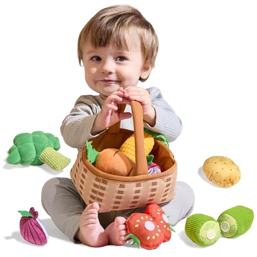 TUMAMA Gemüse Kaufladen Zubehör Spielzeug Kinder Set, Shop Waren Rollenspiel für Kinderküche, Plüsch Einkaufskorb mit Gurke, Tomate, Karotte, Kartoffeln, Brokkoli, Mais Zwiebel, Spielküche ab 3 Jahre von TUMAMA KIDS