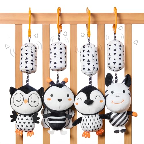 TUMAMA Kinderwagen Spielzeug Baby 3 6 9 12 Monate, Babyrassel Hängespielzeug für Kinderbett Autositz - 4 Stück Tiere Schwarz Weiß Rassel Geschenk Kleinkind Jungen und Mädchen von TUMAMA KIDS