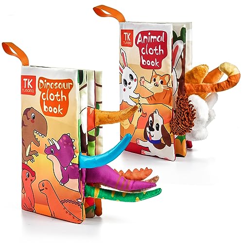 Baby-Softtuch Buch Kleinkinder,Neugeborene Kinderwagen Autositz Hängespielzeug,3D-Tierschwänze Knittern Sensorische Bücher,Aktivitätsspielzeug Geburtstag Geschenke für Baby 0,3,6,9,12 Monate(2er Pack) von TUMAMA