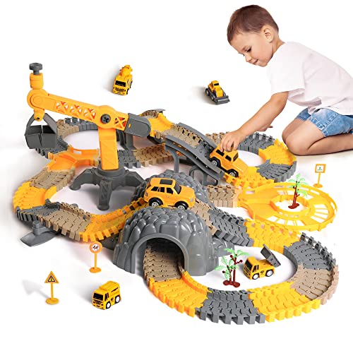 258pcs Konstruktions Rennstrecken Fahrzeug-Spielzeug für Jungen und Mädchen mit 2 Elektroautos, STEM Gebäude Biegbare Rennwagen LKW Track-Sets für Kleinkinder 3 4 5 6 Jahre alt von TUMAMA