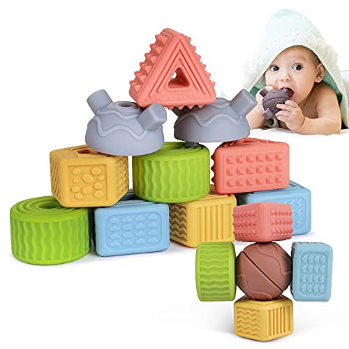 TUMAMA 18pcs Baby Blöcke Spielzeug Schnur Schnürung Perlen Set Lernen Weiches Bauen Stapeln Sensorische Beißringe Kinder Wurfspiel Montessori Sortieren Einfädeln Geschenk Prime Boys Girls von TUMAMA