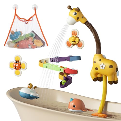 TUMAMA Badespielzeug Babys ab 1 Jahren, Badewannenspielzeug Set mit Wasserdusche, 2 Aufzieh Spielzeuge 2 Saug Spinner Spielzeuge Aufbewahrungstasche, Giraffe Wasserspritze Duschente für Kleinkinder von TUMAMA
