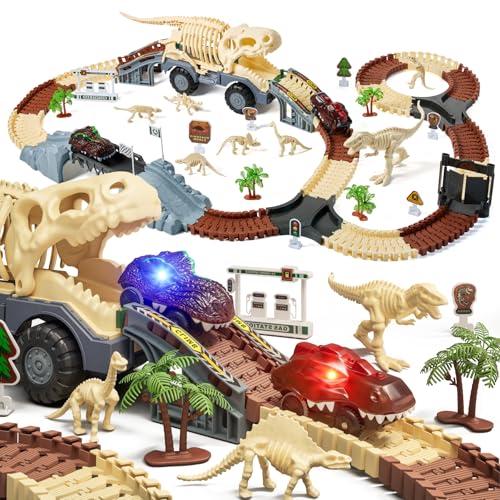 Dinosaurier Spielzeug Rennstrecke, Flexibler Rennbahnen für Kinder 3 4 5 6 Jahre, mit 7 Dinosaurier Figuren, 2 elektrische Fahrzeuge Lichter - Dinosaurier Welt Straße Spielset für Kleinkinder von TUMAMA KIDS