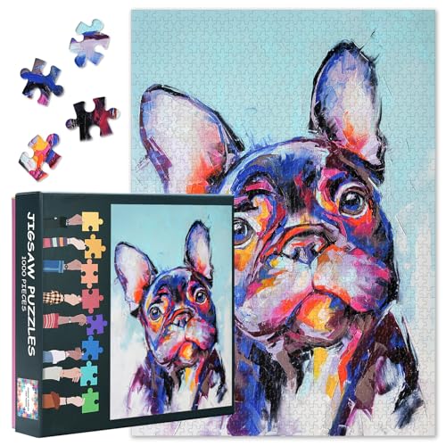 Abstraktes 1000 Teile Puzzle für Erwachsene Französische Bulldogge Maulkorb Herausfordernde Puzzle für Ölhund Portrait Malerei Tier Puzzle Stressabbau Puzzles Familie Wanddekoration von TUMOVO