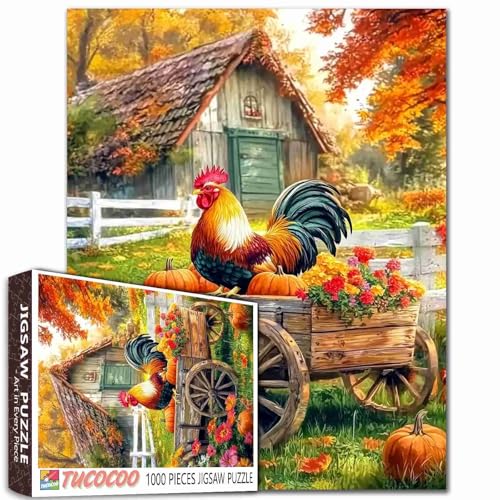 America Farm-Puzzle, 1000 Teile für Erwachsene, Familien (Hahn, Blockhütte, Kürbis, Blumen), Teile passen perfekt zusammen, 50 x 70 cm, Holzhaus-Aufführung, gerahmte magische Puzzlekunst von TUMOVO