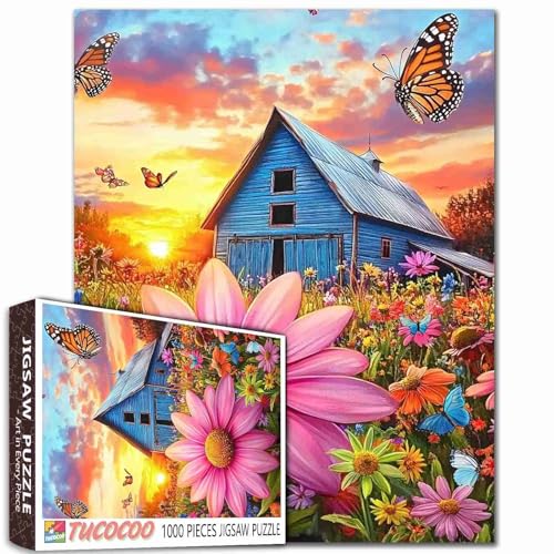 America Farm-Puzzle, 1000 Teile für Erwachsene, Familien (Hahn, Blockhütte, Kürbis, Blumen), Teile passen perfekt zusammen, 50 x 70 cm, Holzhaus-Aufführung, gerahmtes magisches Puzzle, Kunstgeschenk von TUMOVO
