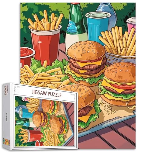 America Food Puzzles 1000 Teile für Erwachsene, Familien (Rind Hamburger, Pommes Frites, Käse, grünes Gemüse) Teile passen perfekt zusammen, 50 x 70 cm, köstliche Lebensmittel, rahmenbar, magische von TUMOVO