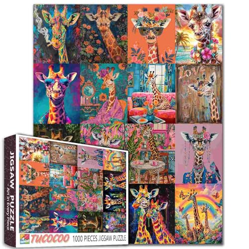 Animal Collection 1000 Teile Puzzles für Erwachsene, abstrakte Cartoon-Giraffen-Malerei, Puzzle, Giraffe, mit Sonnenbrille, 1000 Teile, Puzzle-Spiel, Wildtiere, Hirsch, Wanddekoration von TUMOVO