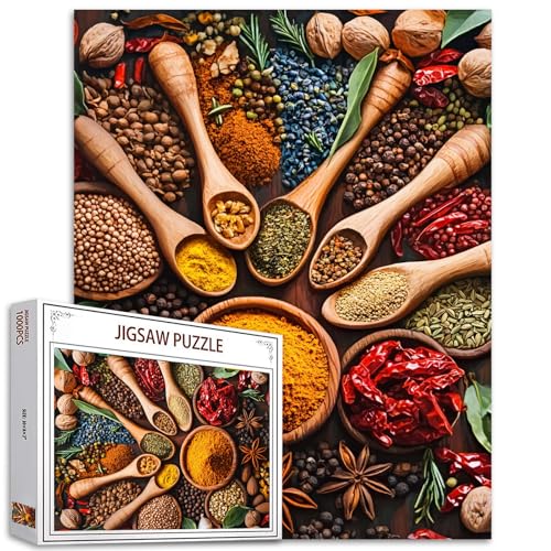 Anis-Puzzles, 1000 Teile für Erwachsene, Familien (Gewürze und Kräuter, getrocknete Chili, Pricklyash, Holzlöffel) Teile passen perfekt zusammen, 50 x 70 cm, köstliche Lebensmittel, gerahmt, magische von TUMOVO