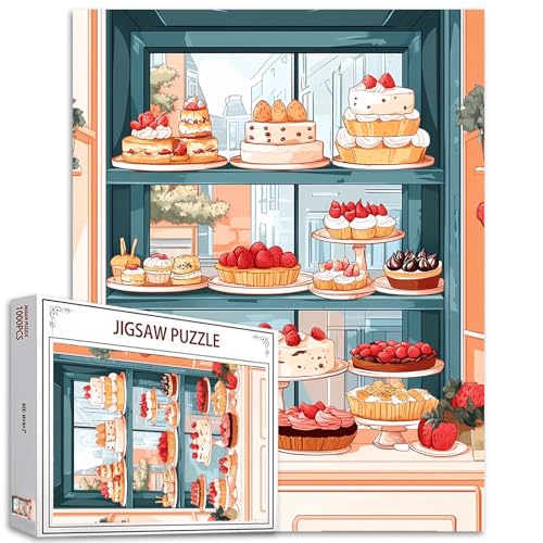 Bäckerei-Puzzles für Erwachsene, Familien (Tasse Kuchen, Schokolade, Creme, Erdbeere, Brot), 1000 Teile passen perfekt zusammen, 50 x 70 cm, Kuchengeschäft, gerahmtes magisches Puzzle-Kunstgeschenk von TUMOVO