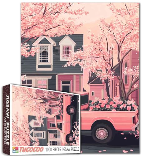 Cherry Blossom Puzzle für Erwachsene, 1000 Teile, LKW, Blumen, Malerei, Puzzle, Vinatge, Holzhaus, 1000 Teile, Puzzle, Landschaft, DIY, Basteln, magische Puzzle, Kunst, Schlafzimmerdekoration (bunt) von TUMOVO