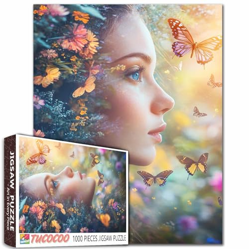 Cooles Mädchen im Dschungel-Puzzle, 1000 Teile, für Erwachsene, Familien (Frauen, Blumen, Schmetterling, tropische Pflanze), Teile passen perfekt zusammen, 50 x 70 cm, Landschaft, gerahmtes magisches von TUMOVO
