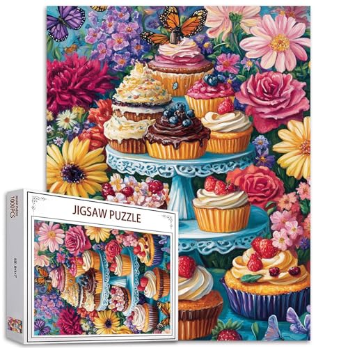Cup of Cakes Puzzles für Erwachsene, Familien (Schokolade, Obst, Erdbeere, Wildblume, Schmetterling), 1000 Teile passen perfekt zusammen, 50 x 70 cm, Rahmenkuchen, magische Puzzlekunst von TUMOVO
