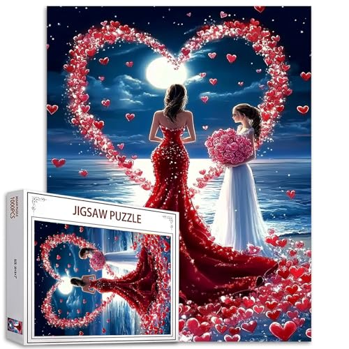 Elegantes Mädchen-Puzzle, 1000 Teile, für Erwachsene, Familien (Frau, Herz, Rose, Meereslandschaft, Vollmond), Teile passen perfekt zusammen, 50 x 70 cm, Valentinstag-Aufführung, rahmenbare magische von TUMOVO