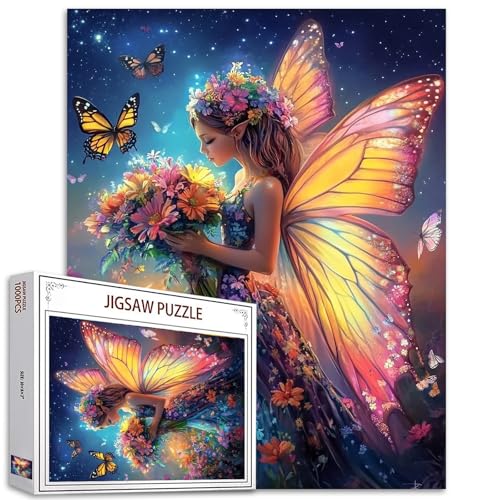 Fashion Woman Puzzle 1000 Teile für Erwachsene, Familien (Feenmädchen, Schmetterling, Blumen, Dschungel) Teile passen perfekt zusammen, 50 x 70 cm, niedliche Prinzessin, gerahmt, magisches Puzzle von TUMOVO