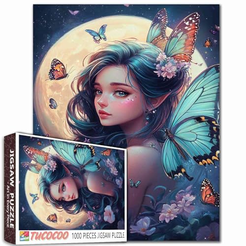Fashion Woman Puzzle 1000 Teile für Erwachsene, Familien (Feenmädchen, Vollmond, Blumen, Schmetterling) Teile passen perfekt zusammen, 50 x 70 cm, lockiges Haar, weibliches gerahmtes magisches Puzzle von TUMOVO