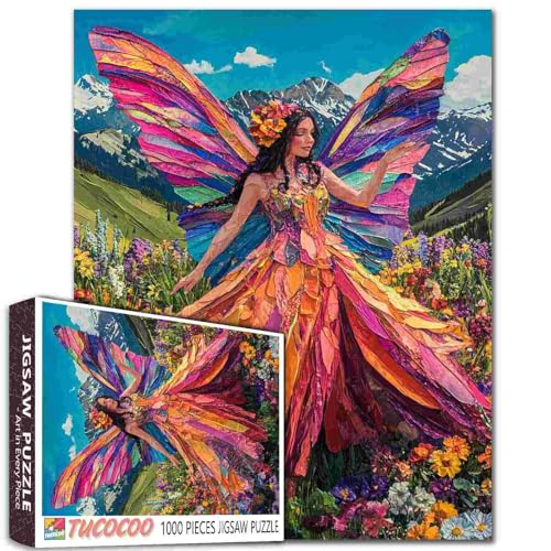 Feenmädchen-Puzzle, 1000 Teile für Erwachsene, Familien (Schmetterlingsflügel, Frau, der felsige Berg, Blumen), Teile passen perfekt zusammen, 50 x 70 cm, gerahmtes magisches Puzzle, Kunstgeschenk von TUMOVO
