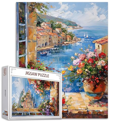Fenster-Puzzle, Meerlandschaft, 1000 Teile, für Erwachsene, Familien (tropische Blumen, Ozean, Boot, Gebäudehaus), Teile passen perfekt zusammen, 50 x 70 cm, Landschaft, magisches Puzzle von TUMOVO