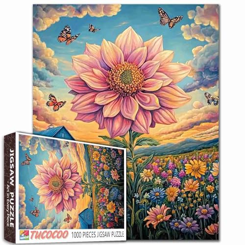 Gartenblumen-Puzzle, 1000 Teile, für Erwachsene, Familien (Gänseblümchen, Holzhaus, Schmetterling, Wildblumen), Teile passen perfekt zusammen, 50 x 70 cm, Landschaftsaufführung, rahmenbare Puzzlekunst von TUMOVO