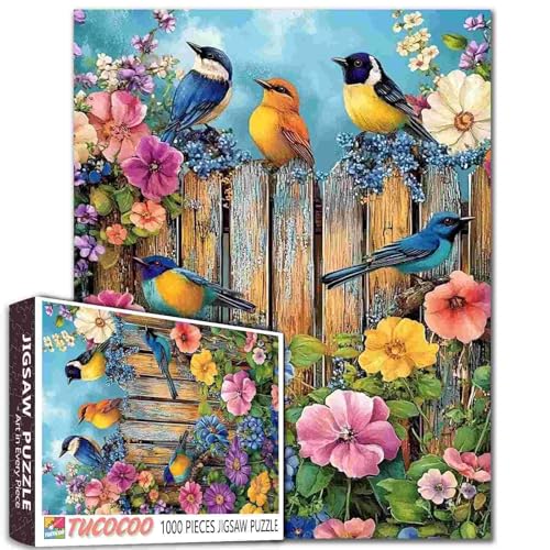 Gartenszenen-Puzzle, 1000 Teile für Erwachsene, Familien (Wildblume, Vogel, Zaun, tropische Blume), Teile passen perfekt zusammen, 50 x 70 cm, Tier-/Wildtier-Aufführung, rahmenbare magische von TUMOVO