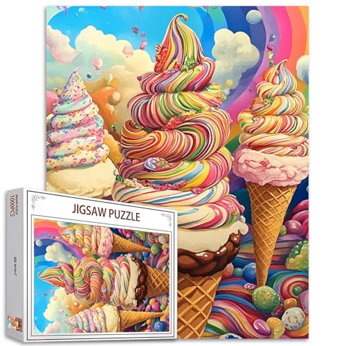 Graffitisches süßes Dessert-Puzzle, 1000 Teile für Erwachsene, Familien (Eiscreme, Schokoladenbohnen, Süßigkeiten), Teile passen perfekt zusammen, 50 x 70 cm, Regenbogen-Rahmen, magische Puzzlekunst von TUMOVO