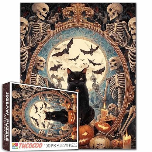 Gruselige Nacht-Puzzle, 1000 Teile, für Erwachsene, Familien (Skelett, Totenkopfmann, schwarze Katze, Fledermaus, Spiegel, Vollmond), Teile passen perfekt zusammen, 50 x 70 cm, Halloween, gerahmte von TUMOVO
