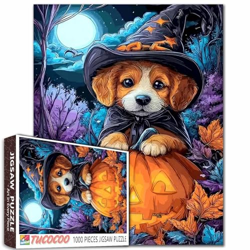 Gruselige Nacht-Puzzle, 1000 Teile für Erwachsene, Familien (gelber Kürbis, süßer Hund, Wald, Vollmond), Teile passen perfekt zusammen, 50 x 70 cm, Halloween-Tiere, berühmtes magisches Puzzle von TUMOVO