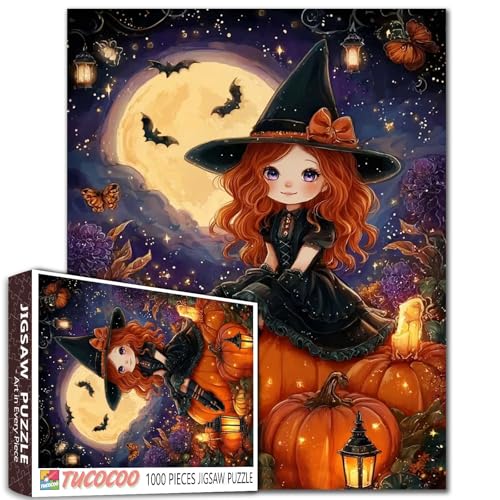 Halloween-Festival-Puzzle, 1000 Teile, für Erwachsene, Familien (Hexe, Mädchen, Kürbis, Fledermaus, Vollmond, Schmetterling), Teile passen perfekt zusammen, 50 x 70 cm, gruselige Nacht, gerahmte von TUMOVO