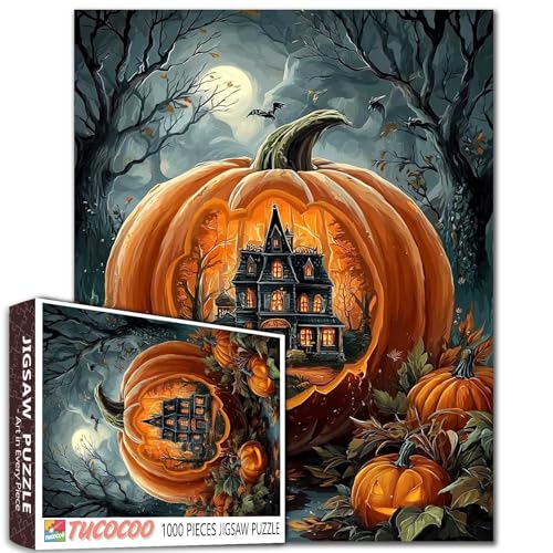 Halloween-Nacht-Puzzle, 1000 Teile für Erwachsene, Familien (Kürbis, Schloss, Herbstwald, Vollmond), Teile passen perfekt zusammen, 50 x 70 cm, Trick or Treat Frameable Magic Puzzle Art (schwarz) von TUMOVO