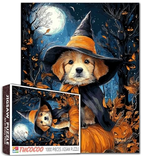 Halloween-Nacht-Puzzle, 1000 Teile für Erwachsene, Familien (süßer Hund, Herbstkürbis, Vollmond, Tier), Teile passen perfekt zusammen, 50 x 70 cm, gruseliger Wald, berühmtes magisches Puzzle von TUMOVO