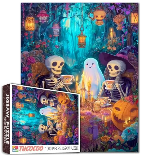 Halloween-Nacht-Puzzle für Erwachsene, Familien (Skelett, Geist, Kürbis, Wald, Kaffeetasse, Blumen), 1000 Teile, die perfekt zusammenpassen, 50 x 70 cm, Totenkopf-Mann, gerahmt, magische Puzzlekunst von TUMOVO