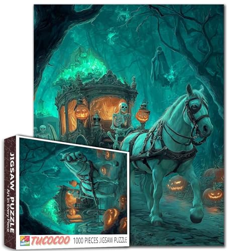 Halloween Night Puzzle für Erwachsene, Skelettmann, reitet auf einem Pferd, 1000 Teile, Puzzle-Spiel, gelber Kürbis, Wanddekoration, Bastelpuzzle, Kunst (bunt) von TUMOVO