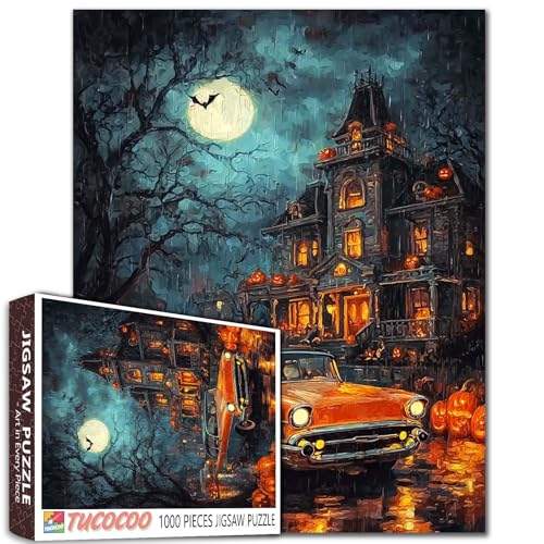 Halloween-Puzzle, 1000 Teile, für Erwachsene, Familien (Auto, Schloss, Vollmond, Fledermaus, Kürbis, Fantasiewald), Teile passen perfekt zusammen, 50 x 70 cm, gerahmte magische Puzzle-Kunst von TUMOVO