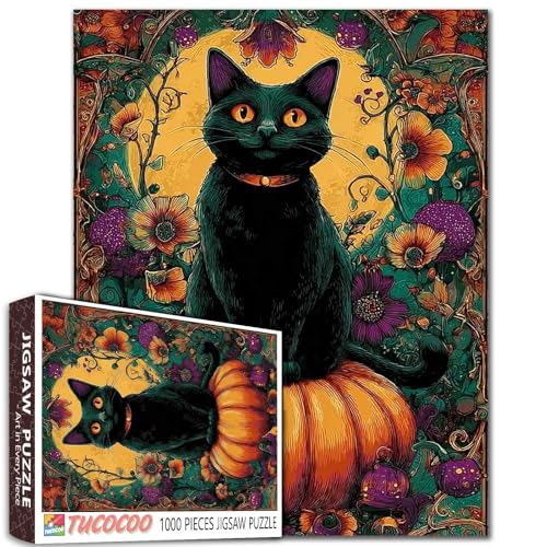 Halloween-Puzzle, 1000 Teile für Erwachsene, Familien (schwarze Katze, Kürbis, Blumen, Herbstfest), Teile passen perfekt zusammen, 50 x 70 cm, Tier-/Wildtiere, rahmenbares magisches Puzzle von TUMOVO