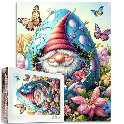 Happy Easter Puzzle, 1000 Teile für Erwachsene, Familien (Gnom, Eier, Schmetterling, Blumen), Teile passen perfekt zusammen, 50 x 70 cm, Wildblumen, gerahmt, magisches Puzzle, Kunst, Boho-Geschenk von TUMOVO