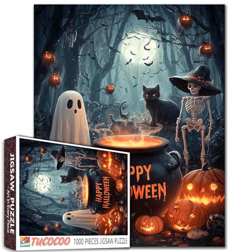 Happy Halloween-Puzzle, 1000 Teile, für Erwachsene, Familien (Skelett, Geist, Suppe, schwarze Katze, Fantasie-Mond, Wald) Teile passen perfekt zusammen, 50 x 70 cm, gruselige Nacht, gerahmte magische von TUMOVO